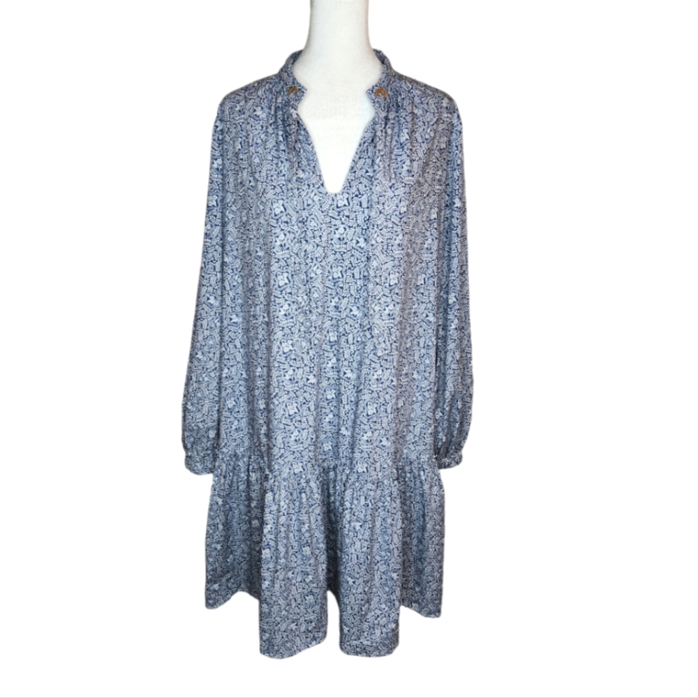Scotch & Soda Blue and White Print Drop Waist Puff Sleeve Dress Size M
